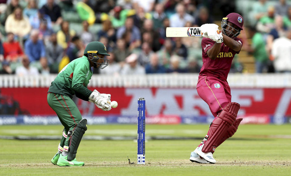 West Indies' Evin Lewis bats during the Cricket World Cup match between West Indies and Bangladesh at The Taunton County Ground, Taunton, south west England, Monday June 17, 2019. (David Davies/PA via AP)