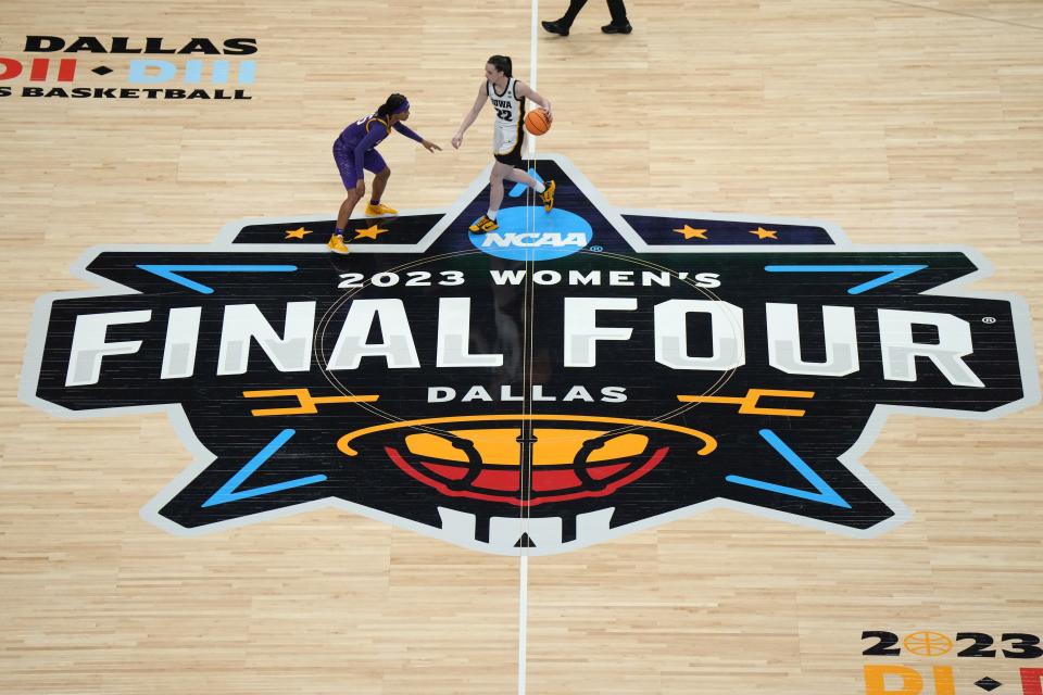 The Final Four logo at center court during the 2023 NCAA Women's Basketball Final Four National Championship at American Airlines Center.