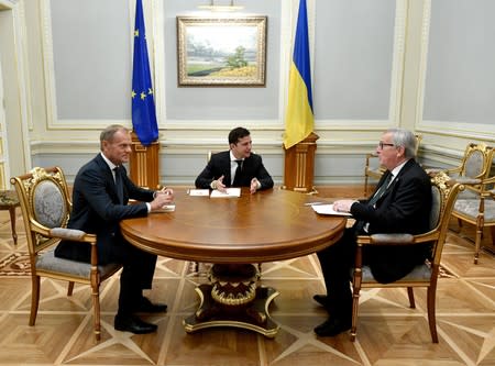 Ukraine's President Volodymyr Zelenskiy meets with European Council President Donald Tusk and European Commission President Jean-Claude Juncker in Kiev