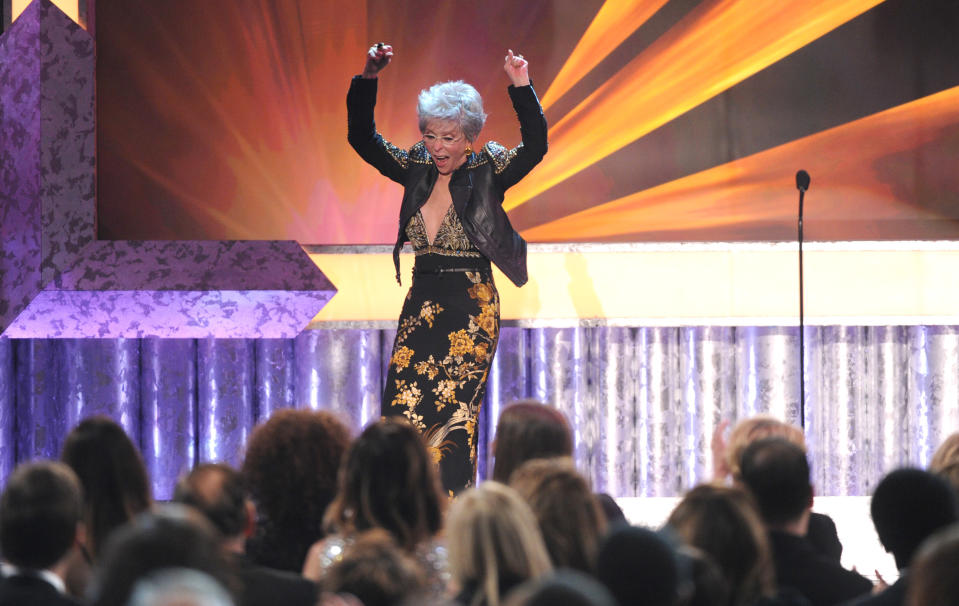 Rita Moreno accepts the Screen Actors Guild 50th Annual Life Achievement Award at the 20th annual Screen Actors Guild Awards at the Shrine Auditorium on Saturday, Jan. 18, 2014, in Los Angeles. (Photo by Frank Micelotta/Invision/AP)