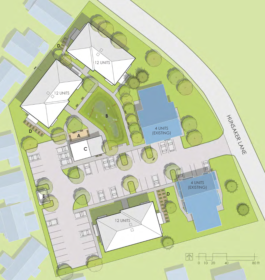 An aerial diagram shows the design concept for Cornerstone Community Housing's proposed project, The Lucy. This project intends to provide 36 newly constructed affordable rental units, totaling 75 bedrooms across one-, two- and three-bedroom units.