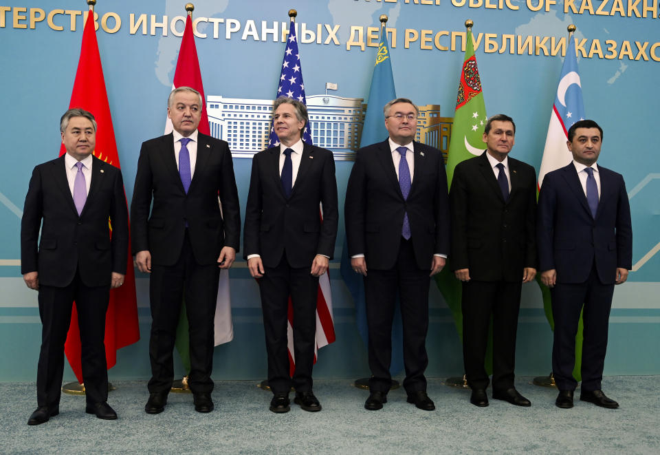 From left: Kyrgyzstan's Foreign Minister Jeenbek Kulubaev, Tajikistan's Foreign Minister Sirojiddin Muhriddin, US Secretary of State Antony Blinken, Kazakhstan's Foreign Minister Mukhtar Tleuberdi, Turkmenistan's Foreign Minister Rashid Meredow and Uzbekistan's Foreign Minister Bakhtiyor Saidov participate in the US-Central Asia (C5+1) foreign ministerial meeting at the Ministry of Foreign Affairs in Astana , Kazakhstan, Tuesday, Feb. 28, 2023. (Olivier Douliery/Pool Photo via AP)