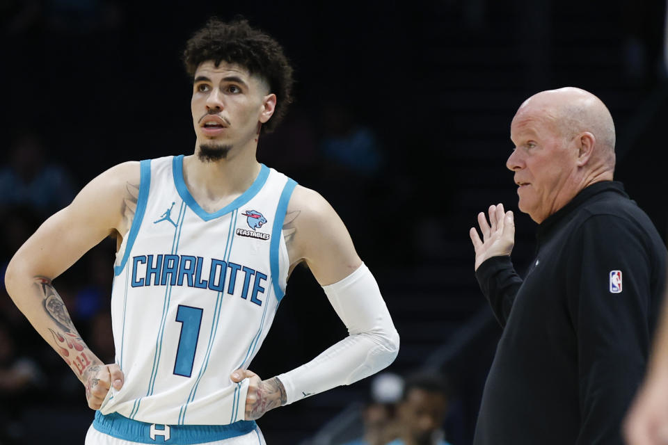 Oct 15, 2023; Charlotte, North Carolina, USA; Charlotte Hornets head coach Steve Clifford talks to guard <a class="link " href="https://sports.yahoo.com/nba/players/6395" data-i13n="sec:content-canvas;subsec:anchor_text;elm:context_link" data-ylk="slk:LaMelo Ball;sec:content-canvas;subsec:anchor_text;elm:context_link;itc:0">LaMelo Ball</a> (1) as the Hornets play against the Oklahoma City Thunder in the second half at Spectrum Center. Mandatory Credit: Nell Redmond-USA TODAY Sports