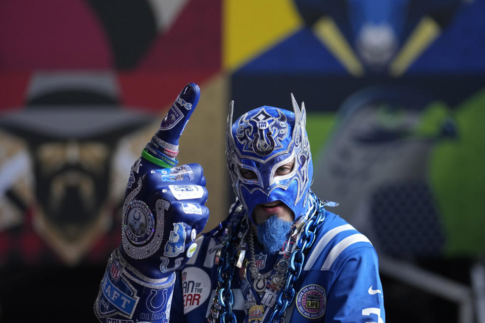 An Indianapolis Colts fan attends the third day of the NFL football draft, Saturday, April 27, 2024, in Detroit. (AP Photo/Jeff Roberson)