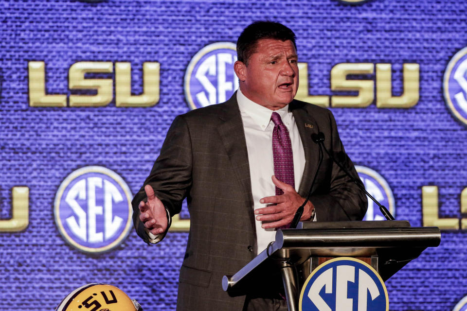 LSU head coach Ed Orgeron speaks to reporters during the NCAA college football Southeastern Conference Media Days Monday, July 19, 2021, in Hoover, Ala. (AP Photo/Butch Dill)