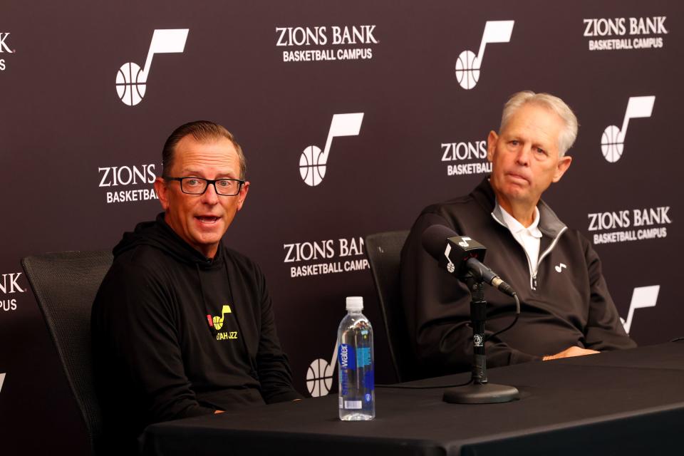 Utah Jazz general manager Justin Zanik, and Jazz CEO Danny Ainge answer questions