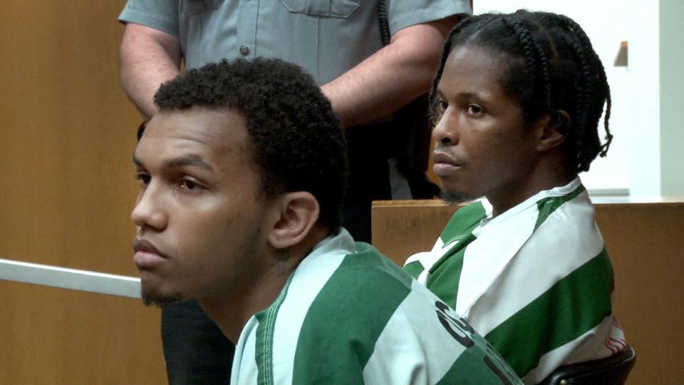 Leyron Jones (right) and Daivon Sullivan are shown during therir sentencing before Superior Court Judge Guy P. Ryan in Toms River Friday, October 20, 2023. The men were sentenced for the 2020 Toms River murder of Javon Cutler.