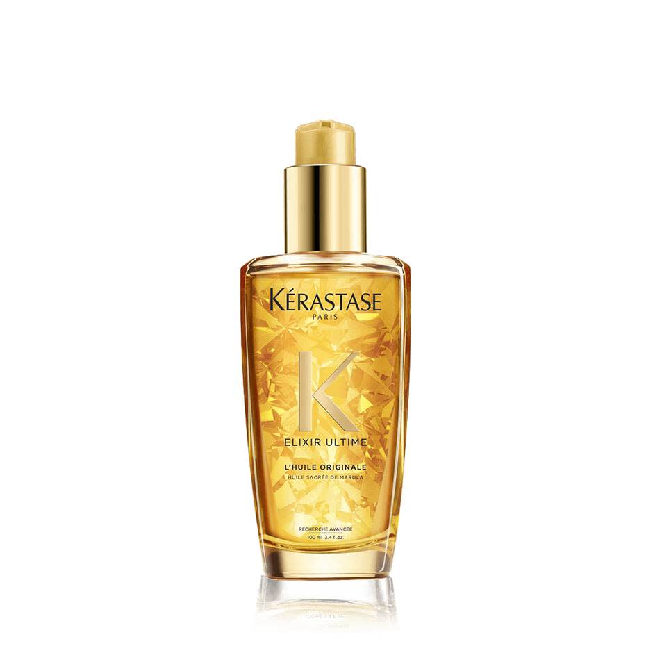 Gold bottle of Kérastase Elixir Ultime Beautifying Hair Oil, $64,