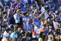Tennessee State fans dance in the stands during the team's NCAA college football game against Southeast Missouri State on Sunday, April 11, 2021, in Nashville, Tenn. Because of COVID-19, the OVC postponed the 2020 season to the spring, and the decision was made to play games on Sunday because member schools needed flexibility to staff all the spring sports. (AP Photo/Mark Humphrey)