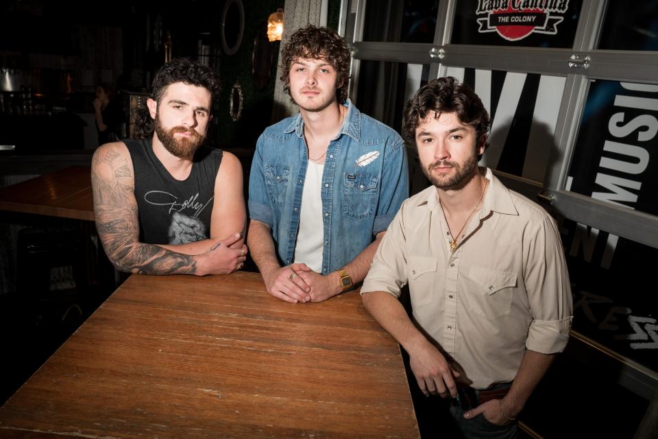 From left, Colton Pack, Zack Beeken, and Garret Nichols of Restless Road pose for a portrait during an Opry NextStage Live event at Lava Cantina in The Colony, Texas, Wednesday, May 10, 2023.