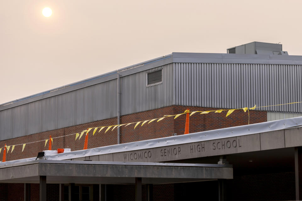 A view of Wicomico High School appears Tuesday, August 1, 2023, in Salisbury, Md. Data from the sheriff’s office shows that over the past eight years, children have been taken from Wicomico County schools to the emergency room for psychiatric evaluations at least 750 times. (AP Photo/Julia Nikhinson)