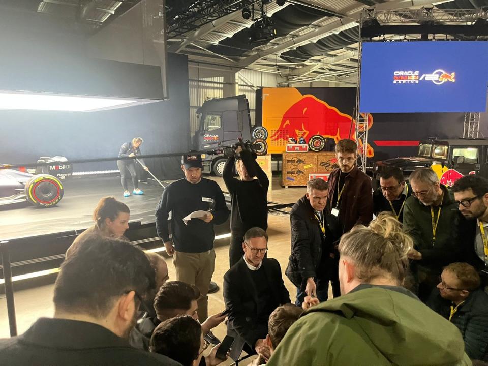 Horner answers questions from journalists at Red Bull’s launch event (Kieran Jackson)