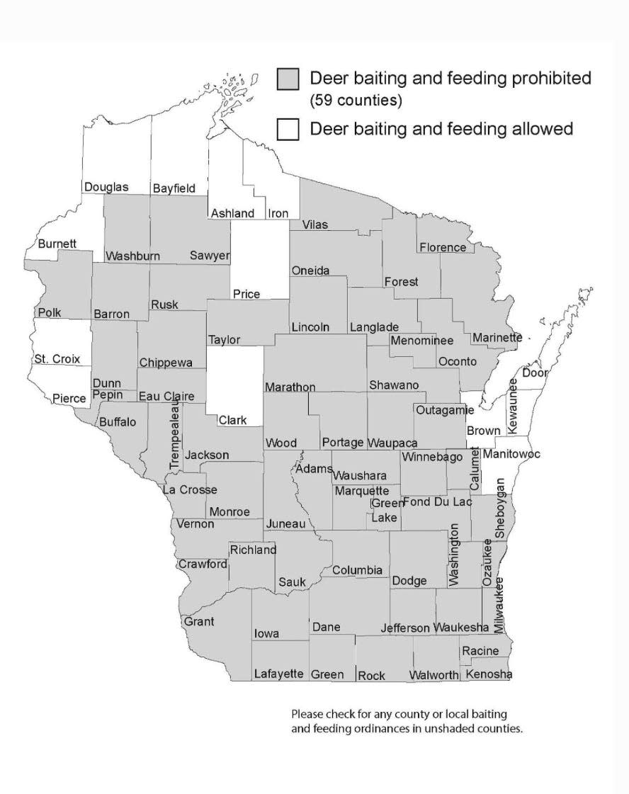 A map shows the status of white-tailed deer baiting and feeding bans in Wisconsin counties.