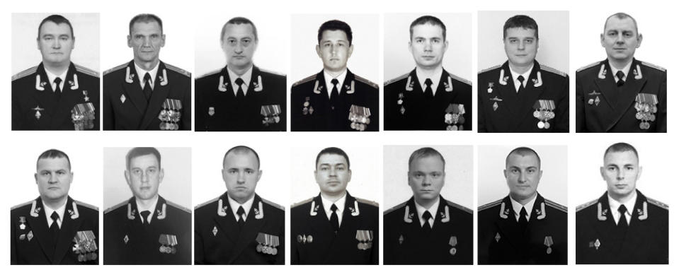 The combo of photos of the 14 crew members who died in a fire on a Russian navy's deep-sea research submersible, distributed on July 4, 2019, by Russian Defense Ministry Press Service, shows from a top row: Captain 1st rank Denis Dolonsky, Captain 1st rank Nikolay Filin, Captain 1st rank Vladimir Abankin, Captain 1st rank Andrei Voskresensky, Captain 1st rank Anatoly Ivanov, Captain 1st rank Denis Oparin, Captain 1st rank Konstantin Somov, Bottom row: Captain 2nd rank Alexander Avdonin, Captain 2nd rank Sergei Danilchenko, Captain 2nd rank Dmitry Solovyov, medical service Colonel Alexander Vasilyev, Captain 3rd rank Viktor Kuzmin, Captain 3rd rank Vladimir Sukhinichev, Lt. Captain Mikhail Dubkov. The Defense Ministry said the 14 seamen were killed by toxic fumes from the blaze. (Russian Defense Ministry Press Service via AP)