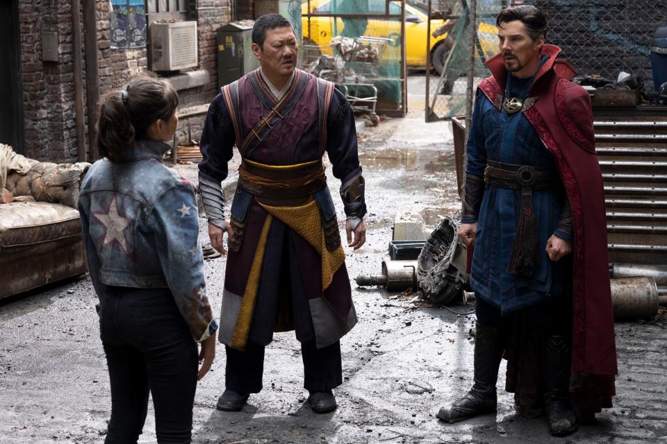 From left, Xochitl Gomez as America Chavez, Benedict Wong as Wong and Benedict Cumberbatch as Doctor Strange in a scene from "Doctor Strange in the Multiverse of Madness."