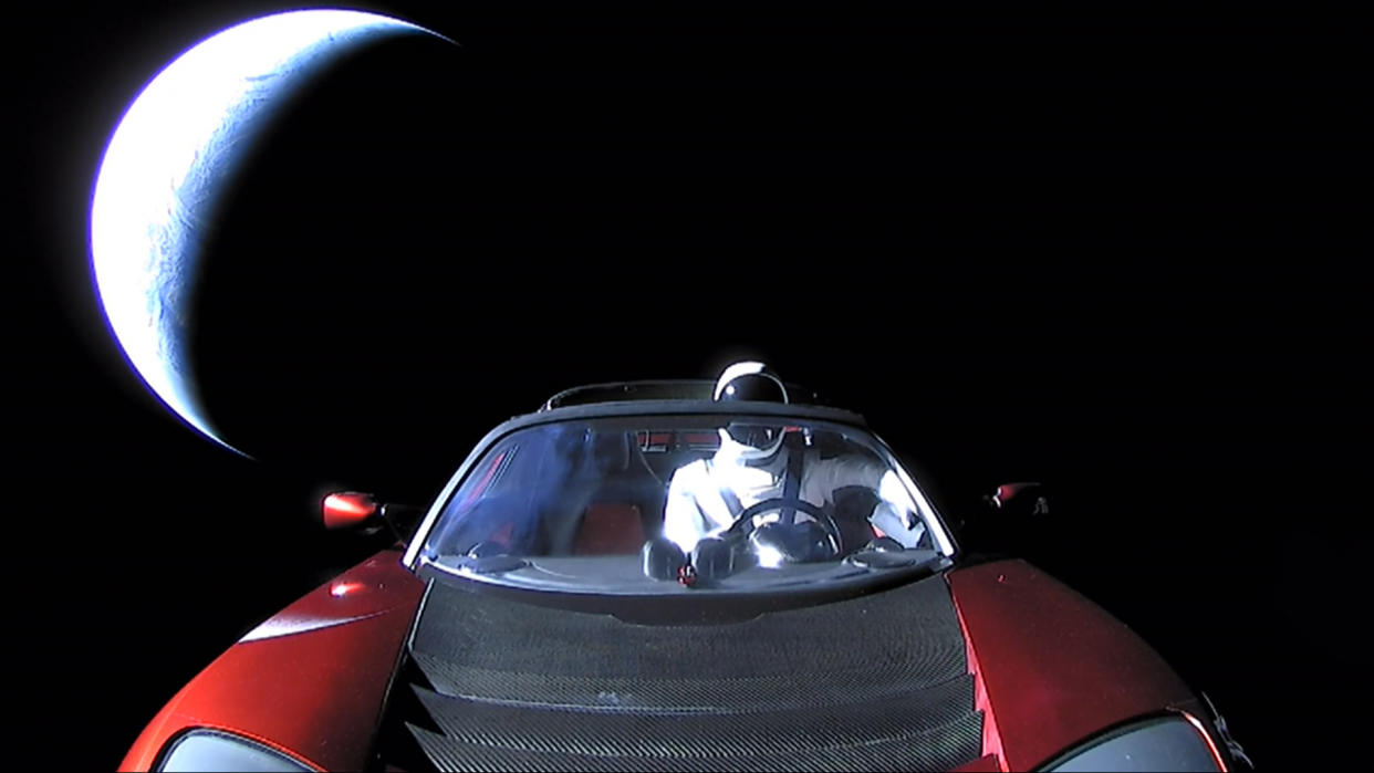 Elon Musk’s Tesla Roadster and Starman cruise away from Earth Feb. 6, 2018.