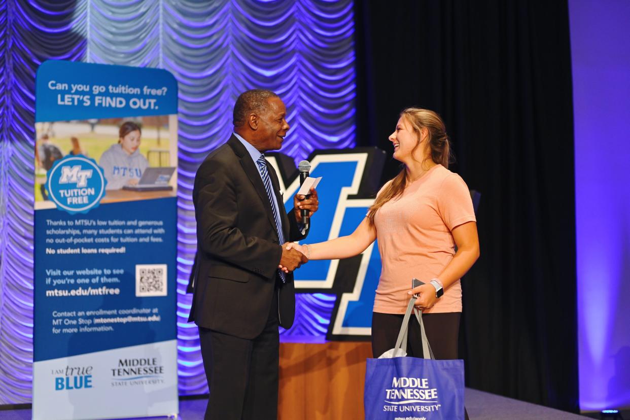 MTSU President Sidney McPhee awarded more than $65,000 in scholarships to prospective students who attended the kickoff for the university's True Blue Tour on Wednesday, Aug. 17, 2022, in the MTSU Student Union ballroom.