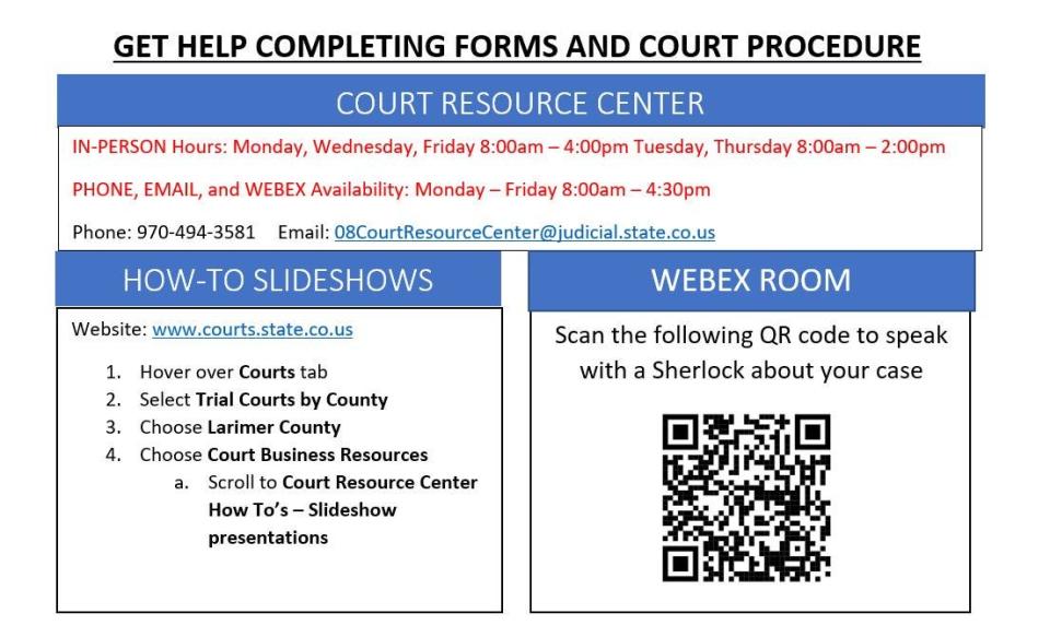 A flyer for how to contact the 8th Judicial District court resource center.