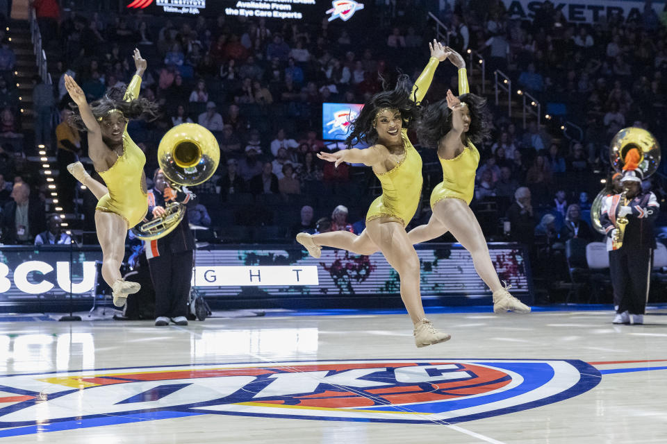 Feb 2, 2024; Oklahoma City, Oklahoma, USA; The Langston University Marching Pride Band dancers perform during halftime of a game between the Charlotte Hornets and Oklahoma City Thunder as part of HBCU Night at Paycom Center. Mandatory Credit: Alonzo Adams-USA TODAY Sports