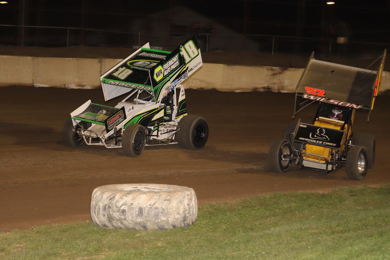 Greg Wilson, right, battles Cole Macedo for the win on opening night at Fremont Speedway. It was Wilson's 14th win at the track.