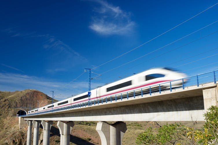 <span class="caption">Tree planting is cheaper but less effective at reducing emissions than building zero-carbon infrastructure like electric high-speed rail.</span> <span class="attribution"><a class="link " href="https://www.shutterstock.com/image-photo/view-highspeed-train-crossing-viaduct-purroy-381823453?src=2pk0yMV37TAJblUNY_iZTg-1-16&studio=1" rel="nofollow noopener" target="_blank" data-ylk="slk:Pedrosala/Shutterstock;elm:context_link;itc:0;sec:content-canvas">Pedrosala/Shutterstock</a></span>