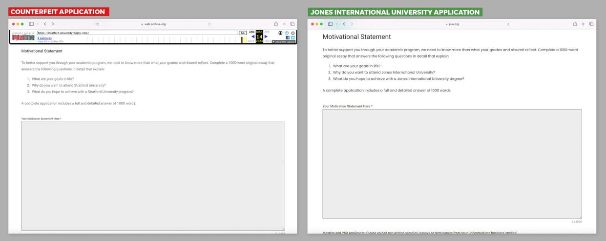 A side-by-side comparison of the application pages for the counterfeit versions of Stratford University and Jones International University. Both schools are closed, but the websites make it appear as though they accepting new students.