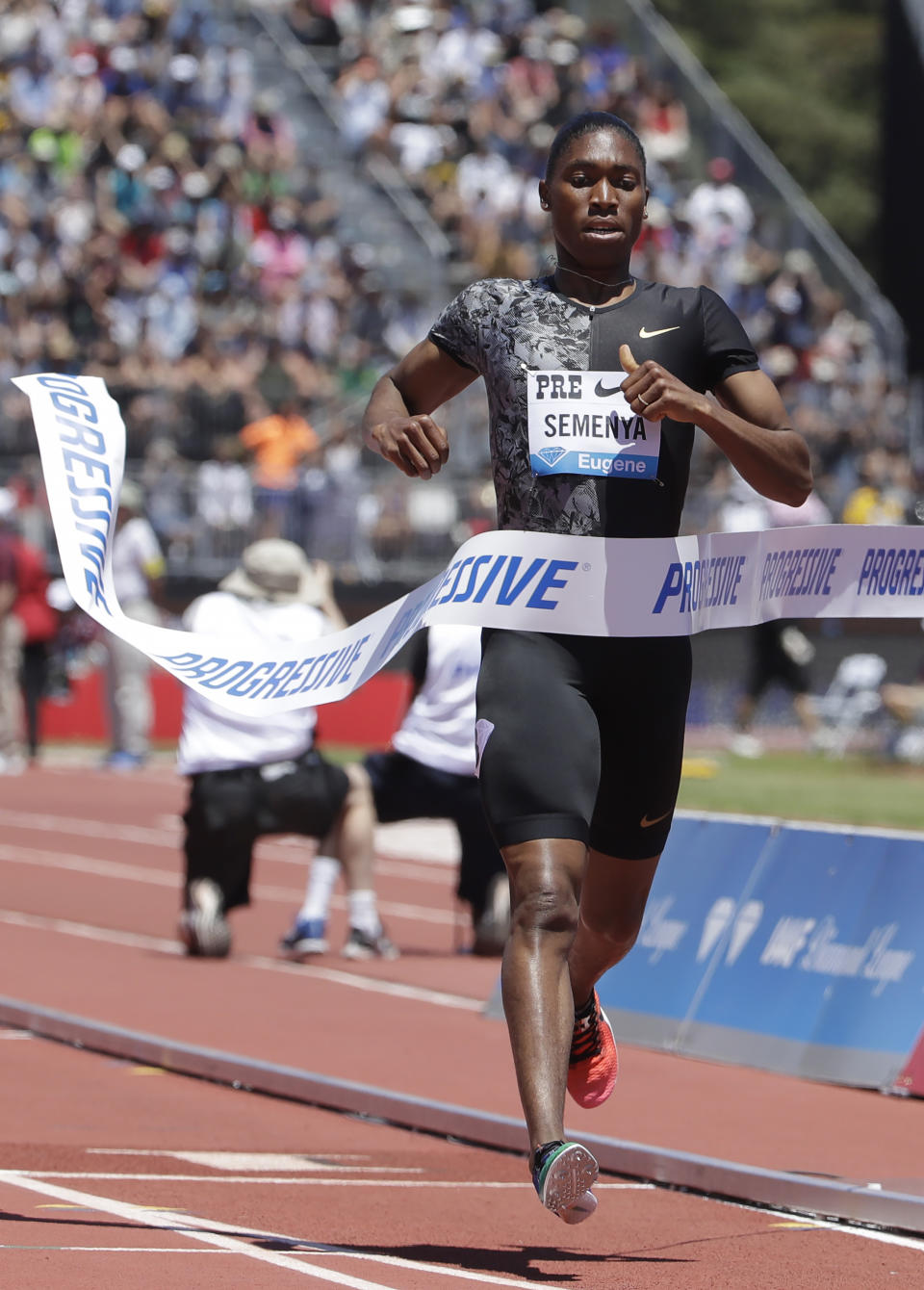 South Africa's Caster Semenya crosses the finish line to win the women's 800-meter race during the Prefontaine Classic, an IAAF Diamond League athletics meeting, in Stanford, Calif., Sunday, June 30, 2019. (AP Photo/Jeff Chiu)