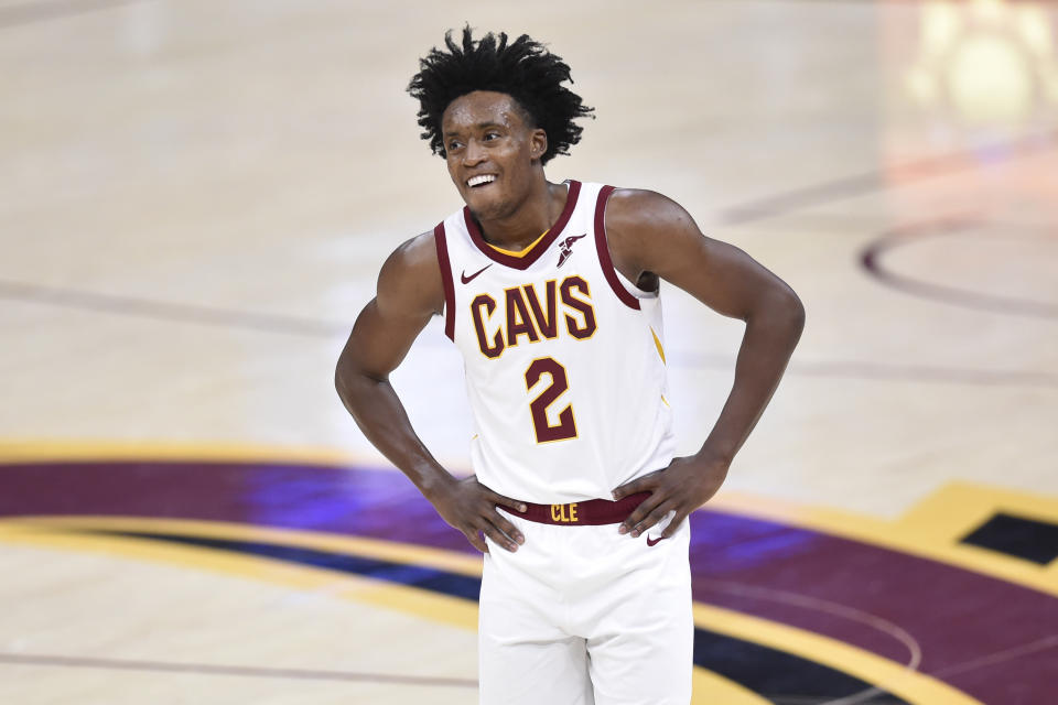 Feb 3, 2021; Cleveland, Ohio, USA; Cleveland Cavaliers guard Collin Sexton (2) reacts in the fourth quarter against the LA Clippers at Rocket Mortgage FieldHouse.