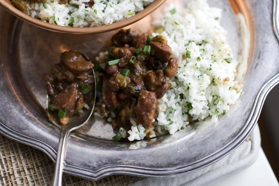 In this image taken on Jan. 28, 2013, red beans and rice with andouille sausage is shown in Concord, N.H. (AP Photo/Matthew Mead)