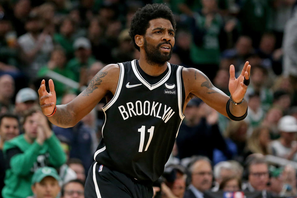 A frustrated Kyrie Irving of the Brooklyn Nets during the first quarter of Round 1 Game 2 of the 2022 NBA Playoffs against the Boston Celtics at the TD Garden on April 20, 2022 in Boston, Massachusetts.