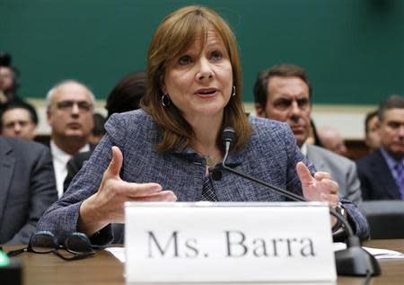 General Motors (GM) Chief Executive Mary Barra testifies before a House Energy and Commerce Committee hearing on GM's recall of defective ignition switches, on Capitol Hill in Washington April 1, 2014. REUTERS/Kevin Lamarque