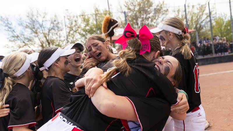 The Grantsville Cowboys celebrate after winning the 3A softball state championship against the Emery Spartans at Spanish Fork Sports Park in Spanish Fork on Saturday, May 11, 2024.
