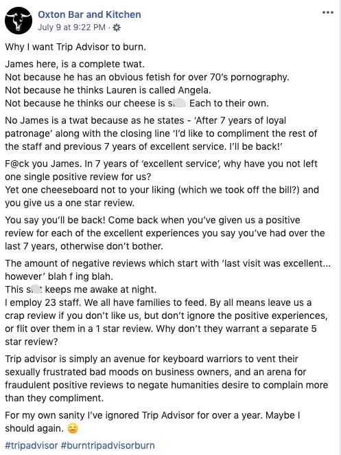 The Oxton Bar and Kitchen's furious rant that was posted to their Facebook page. Source: Facebook
