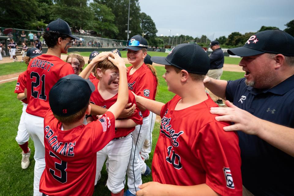 Rutland Little League celebrates their District 4 championship win over Holden at Joe Schwartz Field in Worcester on Wednesday July 12, 2023.