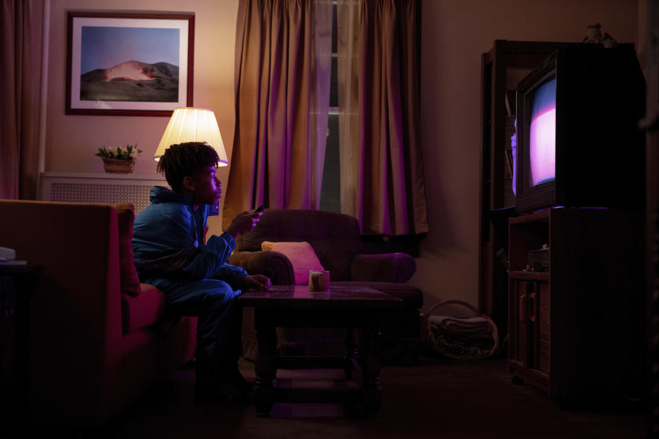 This image released by A24 shows Ian Foreman in a scene from "I Saw the TV Glow." (A24 via AP)