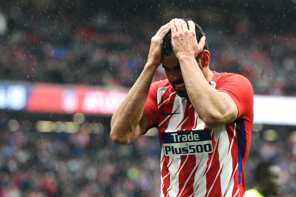 Diego Costa scored, but was also sent off, in his first La Liga match back with Atletico Madrid. (Getty)