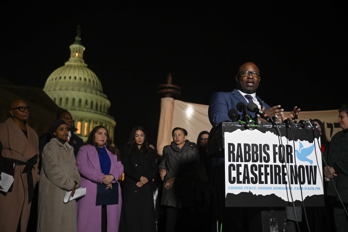 U.S. Reps. Rashida Tlaib, Alexandria Ocasio-Cortez, Ilhan Omar, Cori Bush, Jonathan Jackson, Nydia M. Velazquez, Jamaal Bowman (seen), and Summer Lee hold a press conference with Rabbis in front of the U.S. Capitol to call for a ceasefire and end to the Israeli attacks on Gaza in Washington D.C., United States on Nov. 13, 2023. (Photo by Celal Gunes/Anadolu via Getty Images)