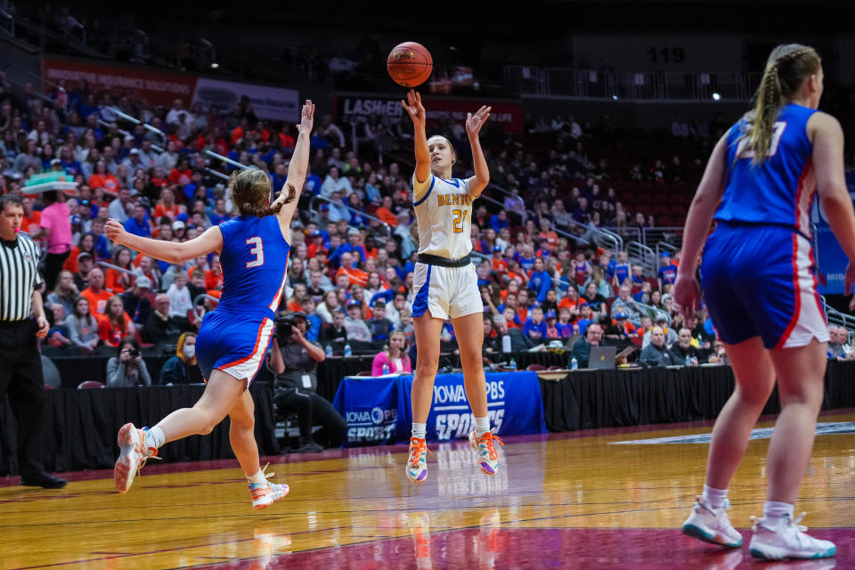 Benton guard Jenna Twedt (21) shoots a three-pointer over Sioux Center guard Willow Bleeker (3) during the Class 3A championship game Friday.