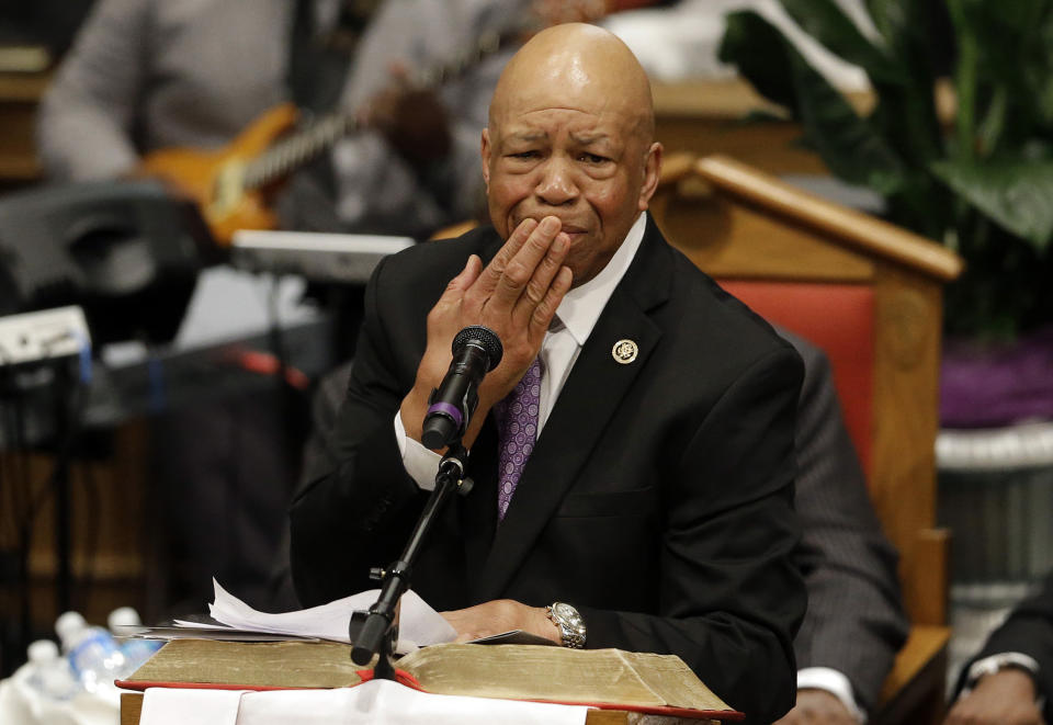 FILE - In this Monday, April 27, 2015 file photo, Rep. Elijah Cummings, D-Md., pauses as he addresses mourners at a funeral for Freddie Gray at New Shiloh Baptist Church in Baltimore. Gray died from spinal injuries about a week after he was arrested and transported in a Baltimore Police Department van. Cummings, the son of a sharecropper and pastors who died last Thursday, Oct. 17, 2019 at 68, was among a generation of lawmakers, civil rights leaders and social justice advocates who grew up under the influence of the African American church. (AP Photo/Patrick Semansky)