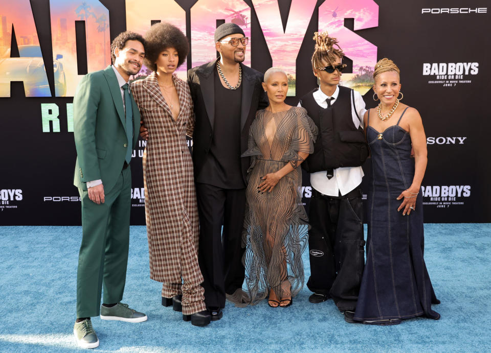 HOLLYWOOD, CALIFORNIA – MAY 30: (L-R) Trey Smith, Willow Smith, Will Smith, Jada Pinkett Smith, Jaden Smith and Adrienne Banfield-Norris attend the Los Angeles premiere of Columbia Pictures’ “Bad Boys: Ride or Die” at the TCL Chinese Theatre on May 30, 2024 in Hollywood, California. (Photo by Kevin Winter/Getty Images)