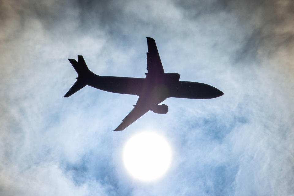 Silhouette of Boeing B737 specifically 737-400 Cargo freight aircraft as seen against the sun during final approach for landing at Thessaloniki SKG LGTS Macedonia International airport in Greece on 1st June 2020. Airports in Greece show reduced commercial passenger air traffic due to the Coronavirus Covid-19 pandemic lockdown of the country but raised cargo traffic with cargo freighter airplanes.  (Photo by Nicolas Economou/NurPhoto via Getty Images)