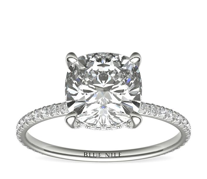 Cushion Cut Petite French Pav&#xe9; Crown Diamond Engagement Ring. Image via Blue Nile.