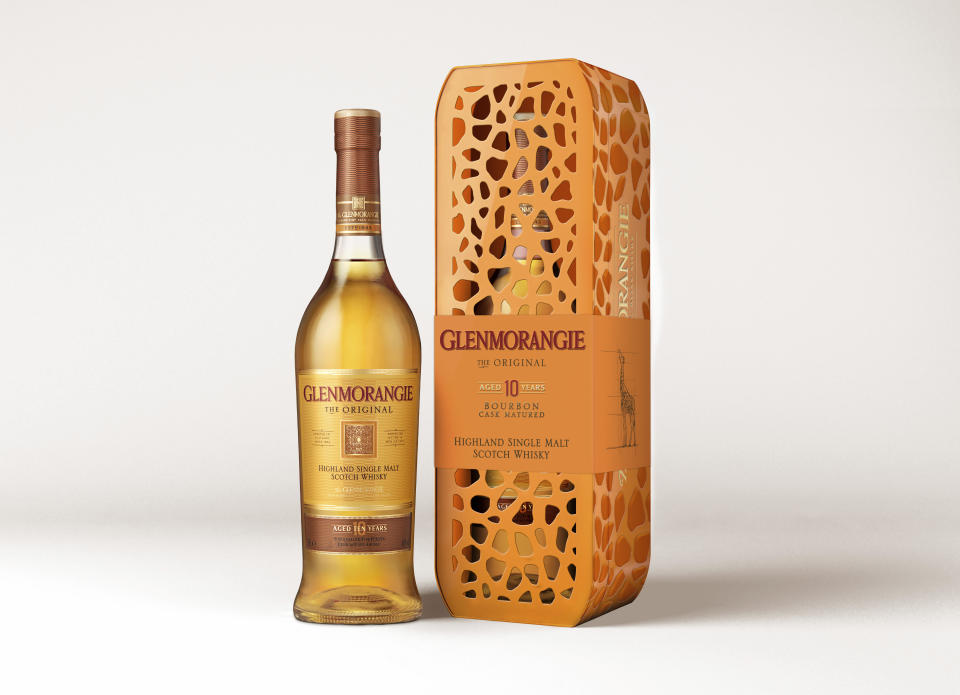 This image provided by Glenorangie shows Glenorangie's Giraffe Tin. To enjoy the occasional beverage and also help wildlife, consider Glenorangie's Giraffe Tin. The Highland Scotch maker's stills are the tallest in Scotland, as tall as a giraffe, and the collectible tin is patterned like the animal's coat. Each purchase supports the Giraffe Conservation Foundation. (Glenorangie via AP)