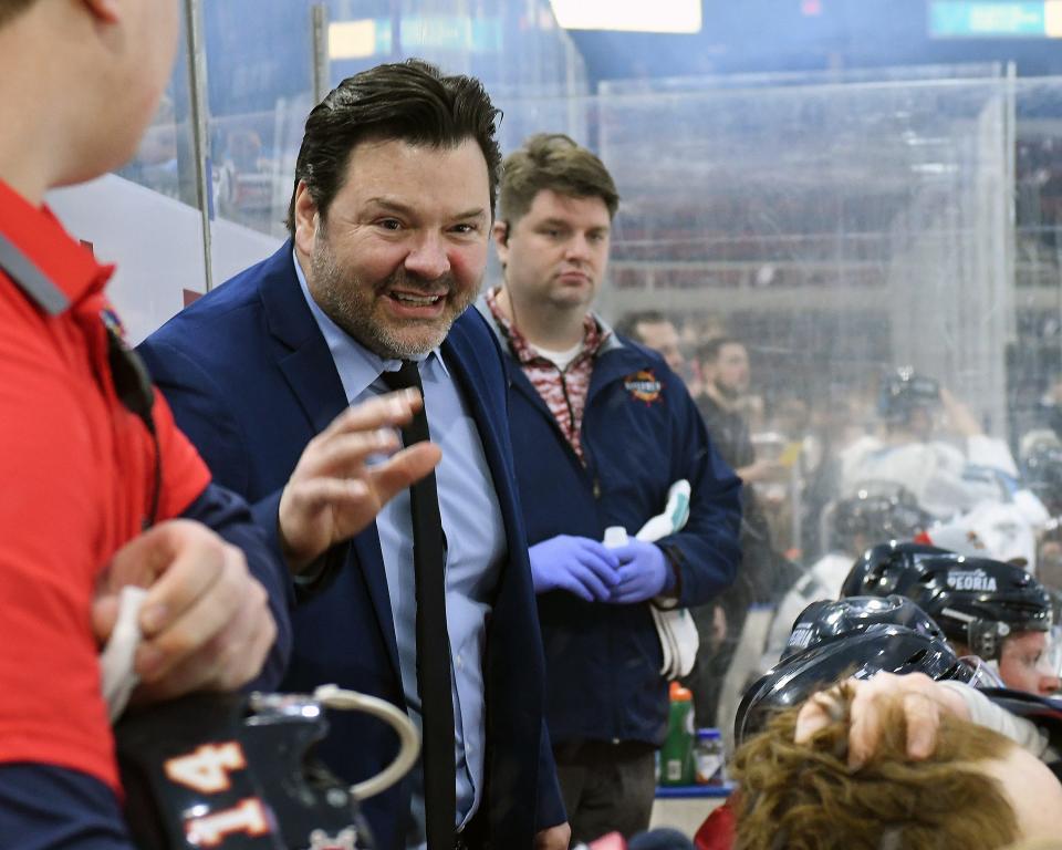 Peoria Rivermen head coach Jean-Guy Trudel works his bench during a 5-1 win over Quad City in an SPHL game at Carver Arena on Sunday, Feb. 20, 2022.