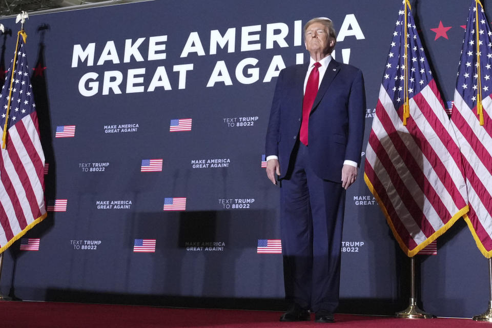 Republican presidential candidate former President Donald Trump arrives to speak at a campaign rally at Charleston Area Convention Center in North Charleston, S.C., Wednesday, Feb. 14, 2024. (AP Photo/David Yeazell)