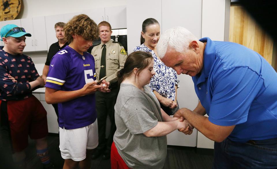 Republican presidential candidate and former vice president Mike Pence talks to his supporters during a campaign stop at Midland Power Cooperative Tuesday, July 4, 2023, in Boone, Iowa.