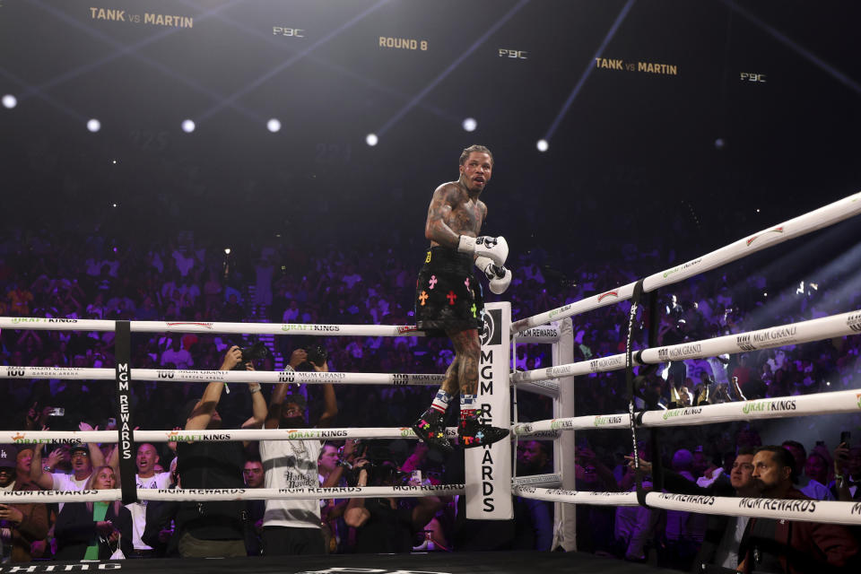 Gervonta "Tank" Davis celebrates after knocking out Frank Martin during the WBA lightweight championship boxing bout Saturday, June 15, 2024, in Las Vegas. (Ellen Schmidt/Las Vegas Review-Journal via AP)