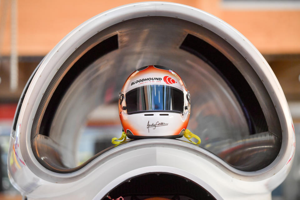 Ex fighter pilot Andy Green's freshly painted crash helmet sits inside the air intake on Bloodhound as it enters the final build phase at Gloucestershire Science and Technology Park, Berkeley, before it heads off to South Africa for testing ahead of a land speed record attempt. (Photo by Ben Birchall/PA Images via Getty Images)