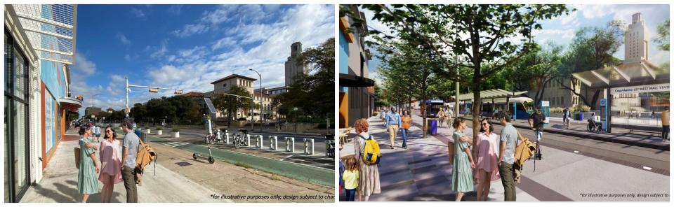 Artist renderings show how the Drag portion of Austin's Guadalupe Street would change under the latest Project Connect proposal. The existing street, shown at left, has regular two-way vehicle traffic, while the new design calls for light rail lines down the middle and expanded space for pedestrians, bikes and buses.