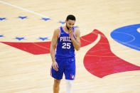 Philadelphia 76ers' Ben Simmons wipes his face during the second half of Game 5 in a second-round NBA basketball playoff series against the Atlanta Hawks, Wednesday, June 16, 2021, in Philadelphia. All-Star guard Ben Simmons could be on the trading block after a miserable postseason. (AP Photo/Matt Slocum)